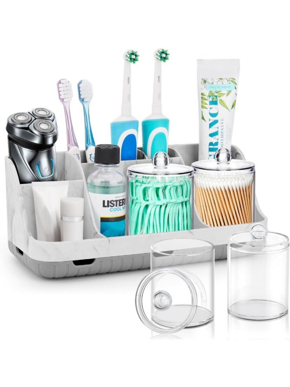 Stylish 2-Pack Bathroom Toothbrush & Qtip Holder Set - Detachable 7-Slot